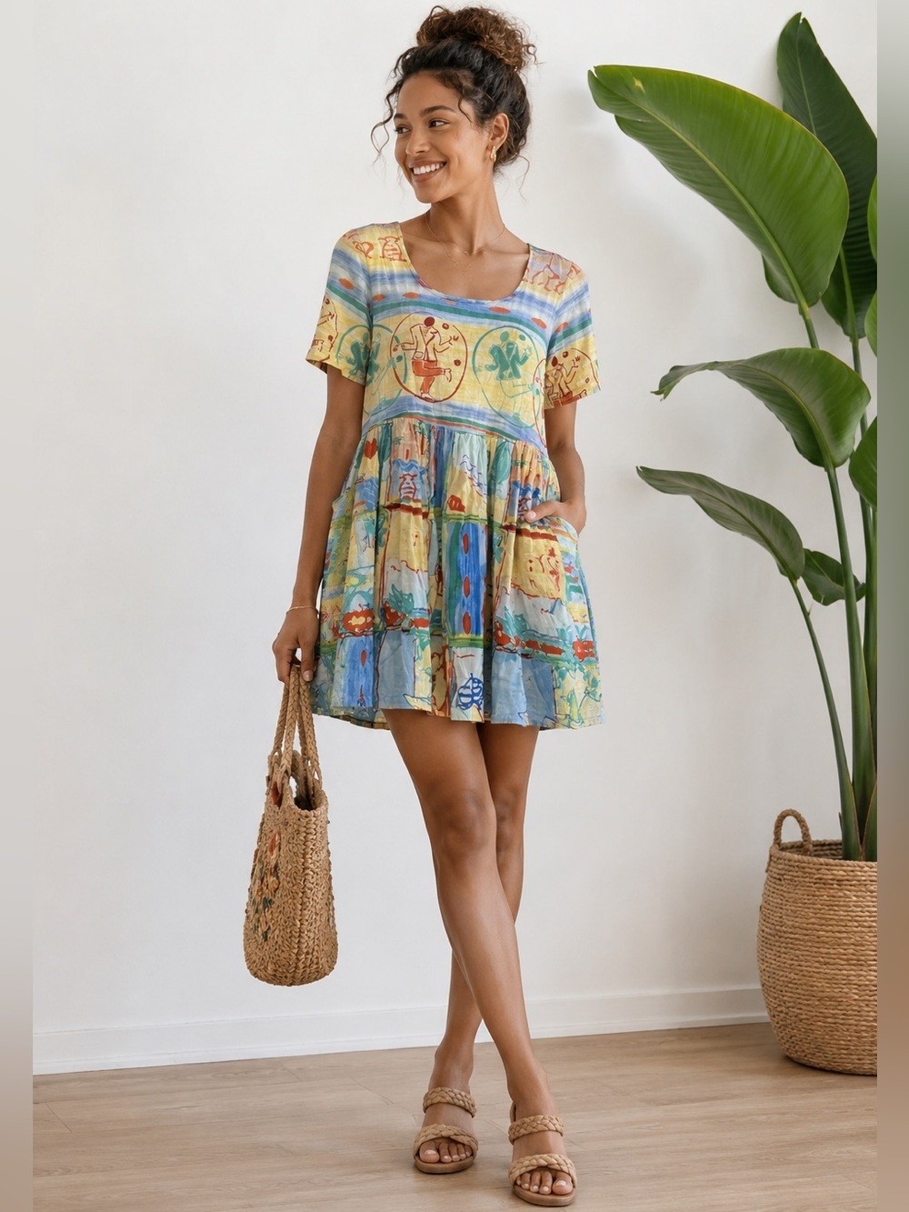 Jams World Dress Vintage Dancing Man Babydoll Beach Summer Hawaii Sz S